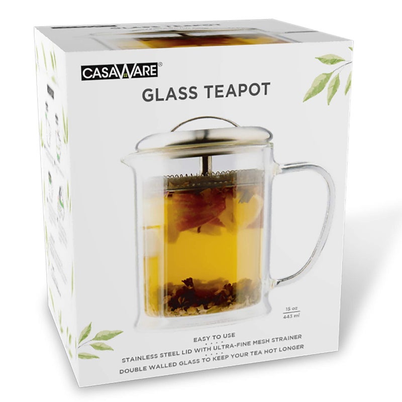 casaWare Double Wall Borosilicate Glass Tea pot with Strainer Lid - Image 2